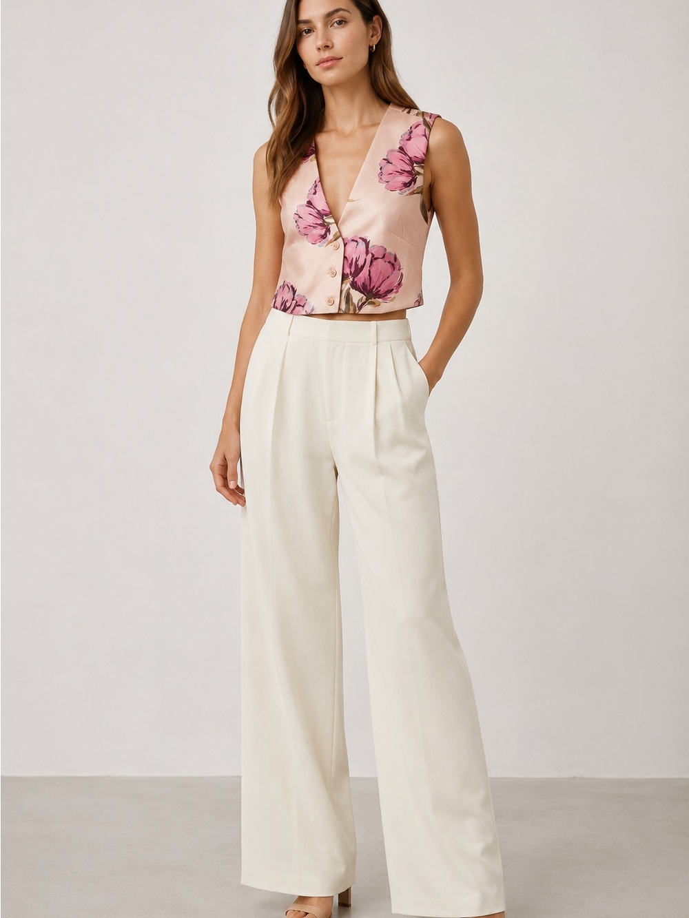 Steve Madden Pink Floral Satin Vest with Cream Accents